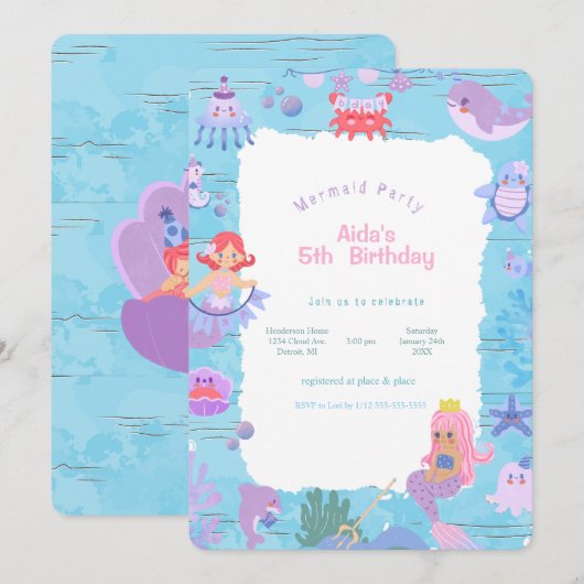 Magical Mermaid Birthday Invitation Kaart (Voorkant / Achterkant)