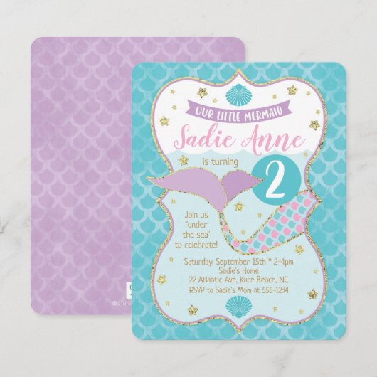 Magical Mermaid Birthday Paars en Turquoise Kaart (Voorkant / Achterkant)