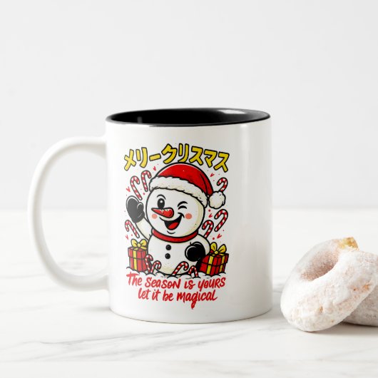 Magical Merry Christmas Snowman Gift Tee candy can Tweekleurige Koffiemok (Met donut)