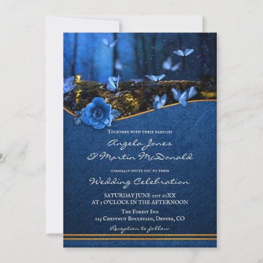 Magical Midnight Blue Butterfly Weduwuitnodiging Kaart (Voorkant)