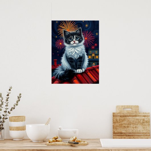 Magical Midnight Kitten Poster – Fluffy Cat Art (Keuken)