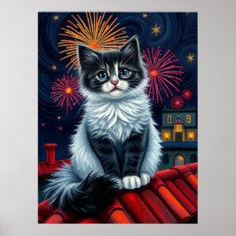 Magical Midnight Kitten Poster – Fluffy Cat Art