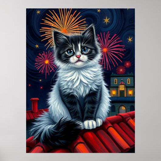 Magical Midnight Kitten Poster – Fluffy Cat Art (Voorkant)