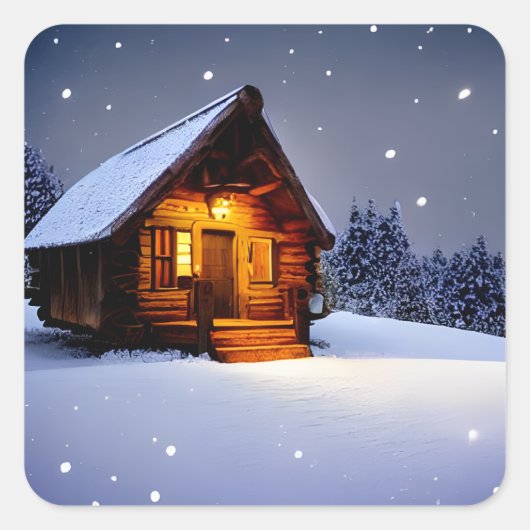 Magical Midnight winter Cabin Vierkante Sticker (Voorkant)