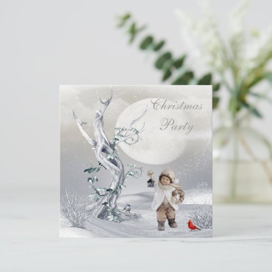 Magical Moon Winter Scene Boy & Birds Kerstmis Kaart (Staand voorkant)