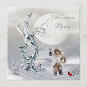 Magical Moon Winter Scene Boy & Birds Kerstmis Kaart