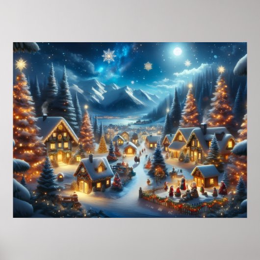 Magical Moonlit Snowy Christmas Village Poster (Voorkant)