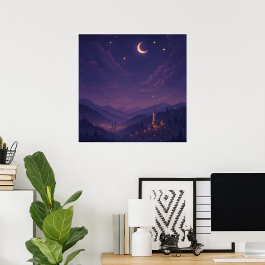 Magical Moonlit Village Nightscape Poster (Thuiskantoor)