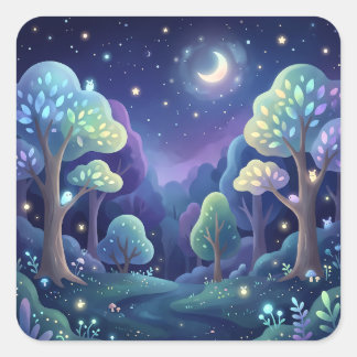 Magical Night Forest and Glowing Pastel Trees Vierkante Sticker