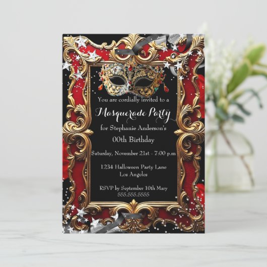 Magical Night Masquerade Party Red Halloween Kaart (Staand voorkant)