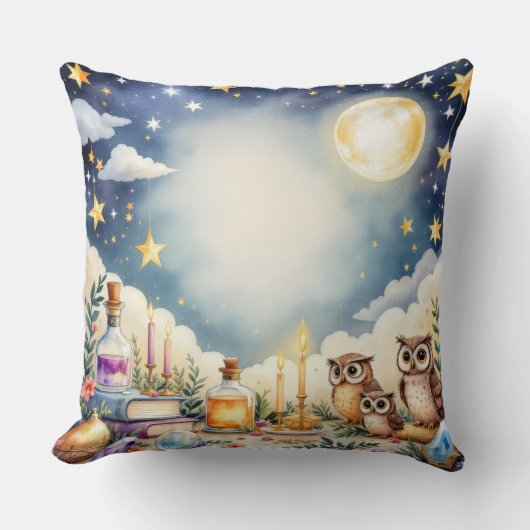 Magical Night Sky Owls Stars Waterverf Pillow Kussen (Voorkant)