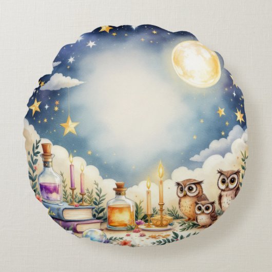 Magical Night Sky Owls Stars Waterverf Pillow Rond Kussen (Voorkant)