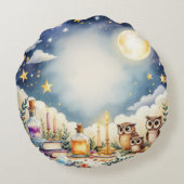 Magical Night Sky Owls Stars Waterverf Pillow Rond Kussen (Achterkant)