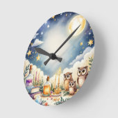 Magical Night Sky Owls Stars Waterverf Pillow Ronde Klok (Hoek)