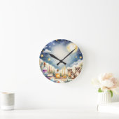 Magical Night Sky Owls Stars Waterverf Pillow Ronde Klok (Huis)