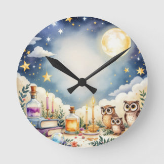 Magical Night Sky Owls Stars Waterverf Pillow Ronde Klok
