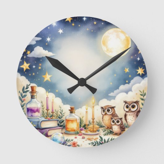 Magical Night Sky Owls Stars Waterverf Pillow Ronde Klok (Voorkant)