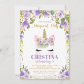 Magical Paars Gold Unicorn Floral Birthday Invite Kaart (Voorkant)