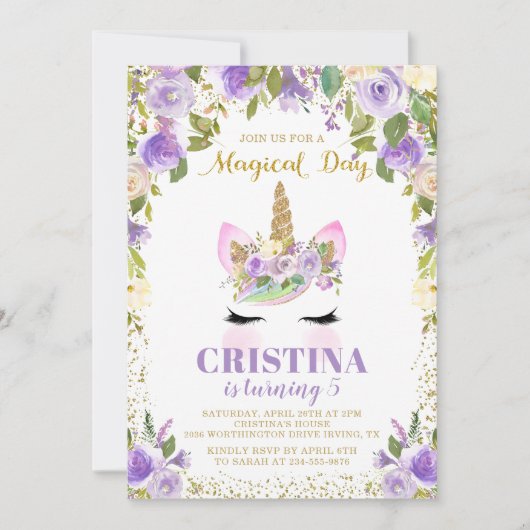 Magical Paars Gold Unicorn Floral Birthday Invite Kaart (Voorkant)