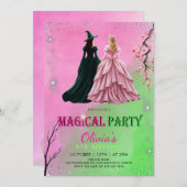 Magical party green witch and pink witch birthday kaart (Voorkant / Achterkant)