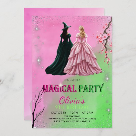 Magical party green witch and pink witch birthday kaart (Voorkant / Achterkant)