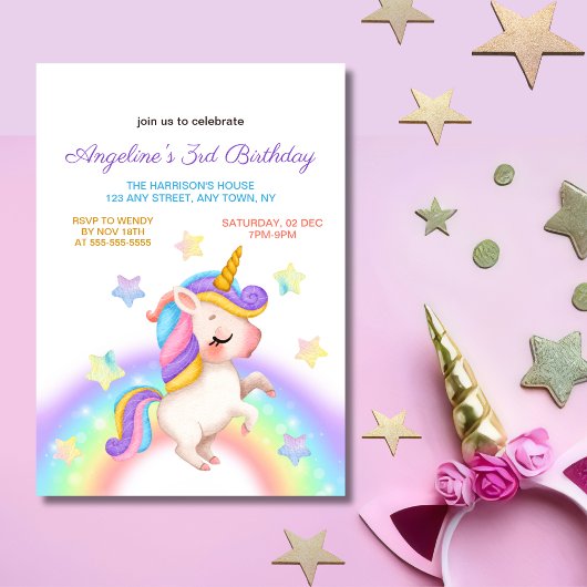 Magical Pastel Rainbow Stars Unicorn Birthday  Kaart