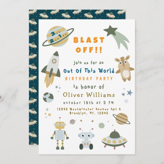 Magical Personalized Space Birthday Party Invite Kaart (Voorkant / Achterkant)