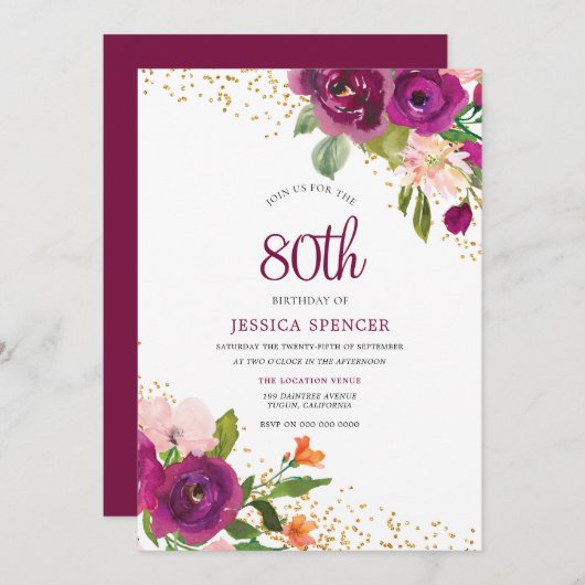 Magical Pink Floral 80th Birthday Invitation Kaart (Voorkant / Achterkant)