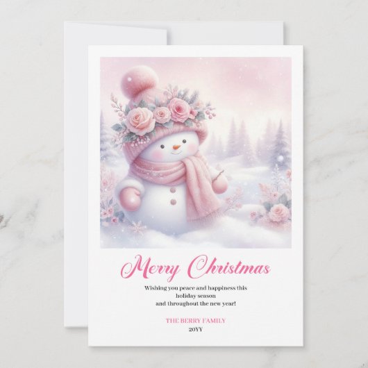 Magical pink snowman Christmas kids card digital Feestdagenkaart (Voorkant)