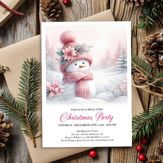 Magical Pink Snowman Editable Kids Christmas Party Kaart