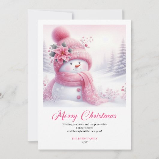 Magical Pink Snowman Kids Printable Christmas Card Feestdagenkaart (Voorkant)