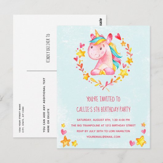 Magical Pink Unicorn Birthday Party Invitation Briefkaart (Voorkant / Achterkant)