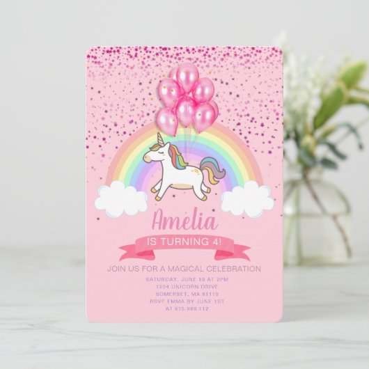 Magical Pink Unicorn Rainbow Birthday Uitnodiging (Staand voorkant)