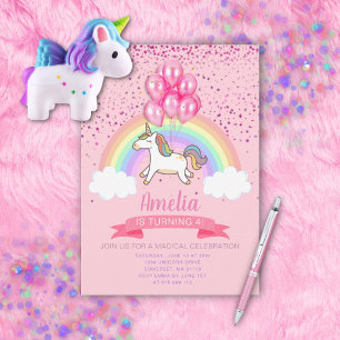 Magical Pink Unicorn Rainbow Birthday Uitnodiging