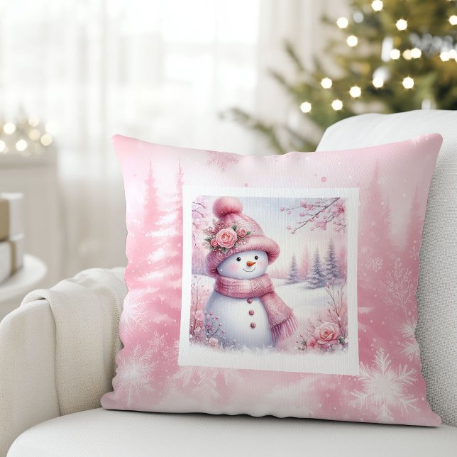 Magical Pink Winter Pillow Cute Snowman Style Kussen (Magical Pink Winter Pillow Cute Snowman Style)