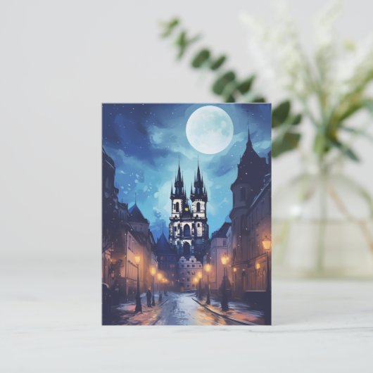Magical Prague Night Street - Volle Maan Europees Feestdagenkaart (Staand voorkant)