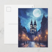 Magical Prague Night Street - Volle Maan Europees Feestdagenkaart (Voorkant / Achterkant)