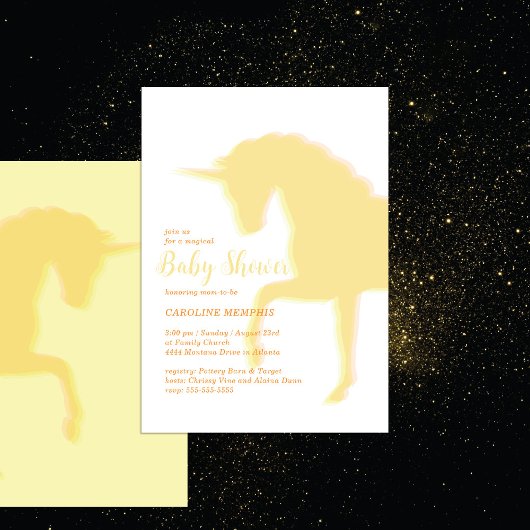 Magical Prancing Yellow Unicorn Baby shower Kaart