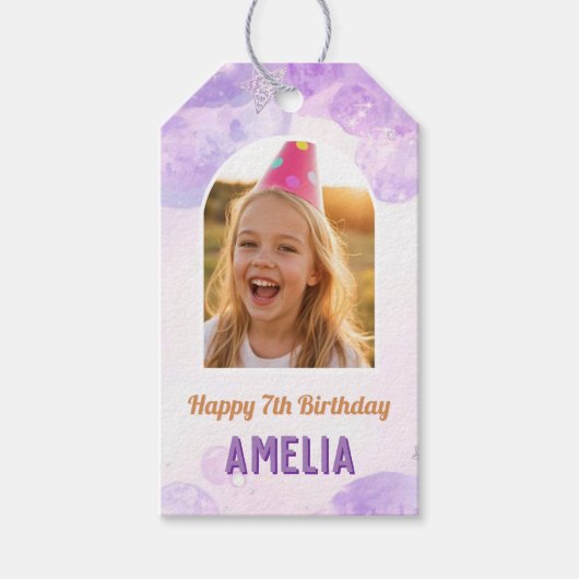 Magical Purple Photo Birthday Party  Cadeaulabel (Voorkant)