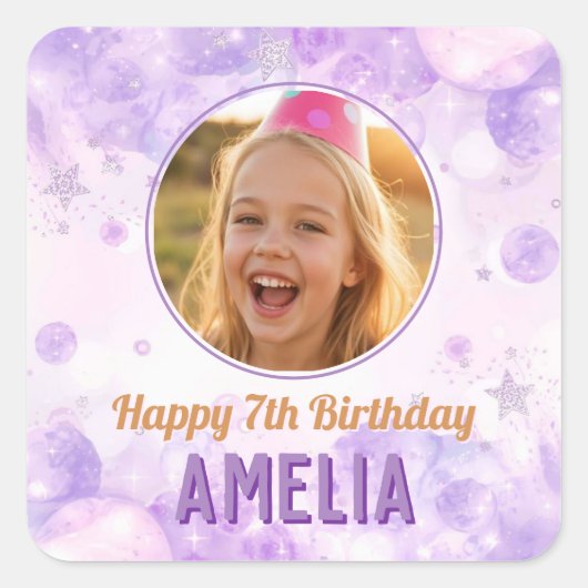 Magical Purple Photo Happy Birthday Party  Vierkante Sticker (Voorkant)