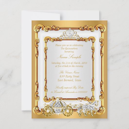 Magical Quinceanera White Gold Horse and Carriage Kaart (Achterkant)