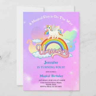 Magical Rainbow and Unicorn Birthday pink purple Kaart