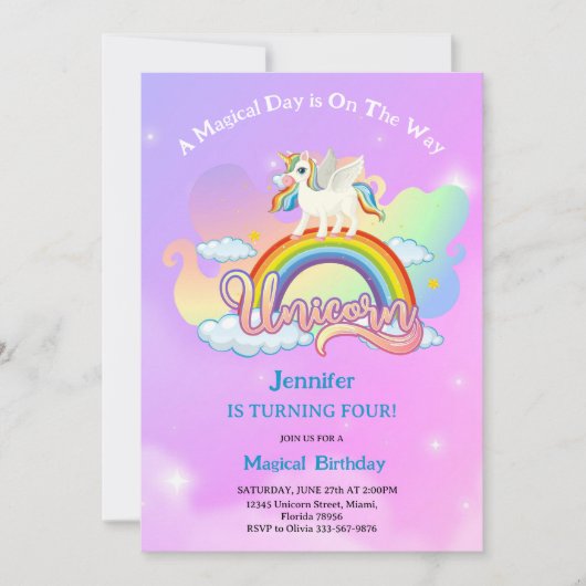 Magical Rainbow and Unicorn Birthday pink purple Kaart (Voorkant)