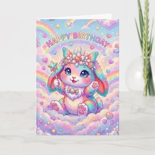 Magical Rainbow Bunny Birthday Whimsical Childrens Kaart (Voorkant)