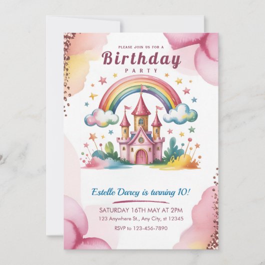 Magical Rainbow Castle 10th Birthday Invitation Kaart (Voorkant)
