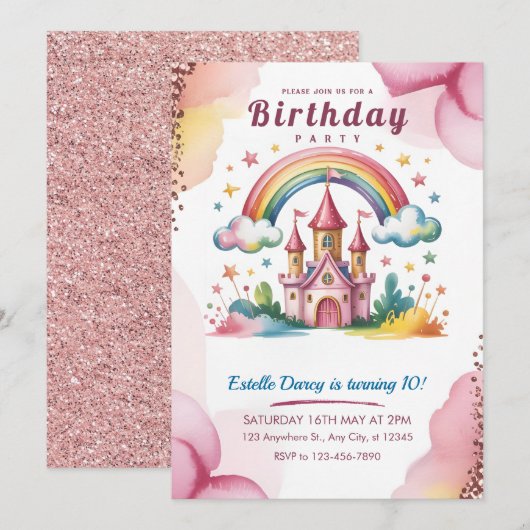 Magical Rainbow Castle 10th Birthday Invitation Kaart (Voorkant / Achterkant)