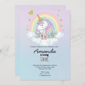Magical Rainbow Unicorn 1st Birthday Invitation Kaart