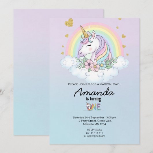 Magical Rainbow Unicorn 1st Birthday Invitation Kaart (Voorkant / Achterkant)