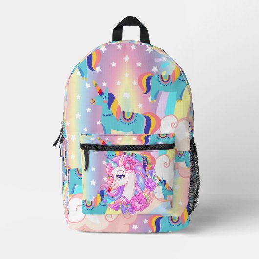 Magical Rainbow Unicorn Backpack – Cute Pastel Fan Bedrukte Rugzak (Voorkant)