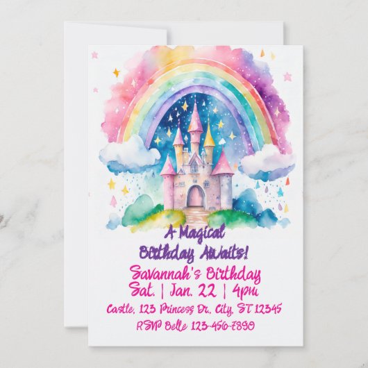 Magical Rainbow Watercolor Fantasy Castle Birthday Kaart (Voorkant)